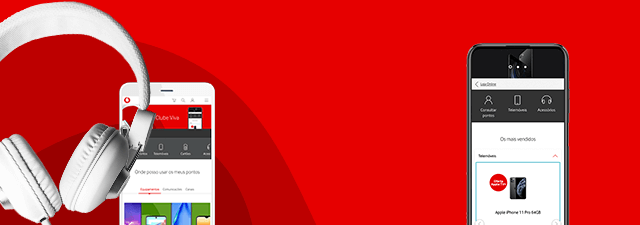 Imagem frontal de dois telemóveis e auscultadores brancos sob um fundo vermelho