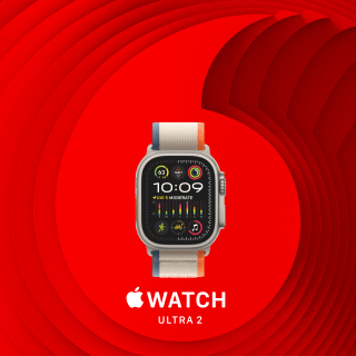Imagem do novo Apple Watch S9 na cor cinzenta sobre um fundo vermelho