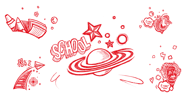 Desenhos a vermelho alusivos à escola sob fundo branco