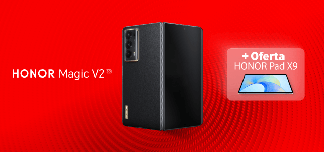  Imagem do novo Honor Magic V2 e do Tab PAD X9 LTE na cor preta sobre um fundo vermelho