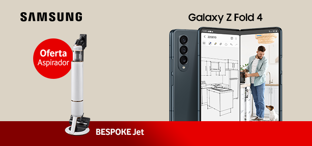 Samsung Galaxy Fold 4 sob fundo creme com imagem de aspirador Bespoke Jet com indicação de oferta na compra do smartphone.