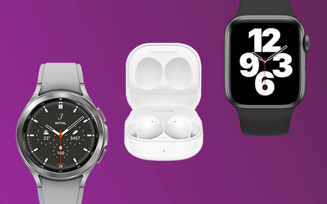 Smartwatch no lado esquerdo inferior, Apple watch no lado direito superior e earpodsao centro sob fundo roxo.