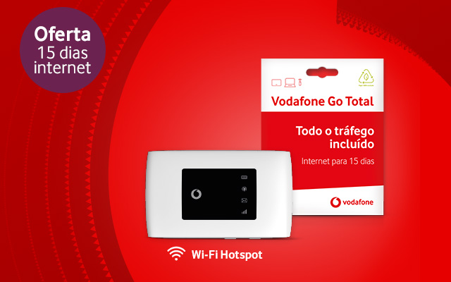 Wi-Fi Hotspot e cartão Go Total com selo roxo a indicar "oferta 15 dias de internet" no canto superior esquerdo, tudo sob fundo vermelho.