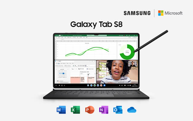 Imagem de Galaxy Tab S8 com teclado e logotipo da Samsung e Microsoft