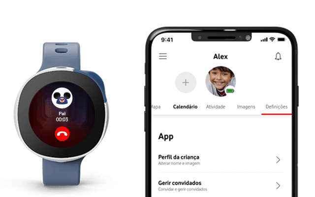 Smartwatch Neo na cor azul com uma chamada a ser atendida através do ecrã e smartphone com a App Vodafone Smart no ecrã a monitorizar o smartwatch Neo 