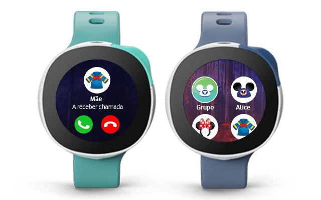 Smartwatch Neo na cor menta uma chamada recebida no ecrã e smartwatch Neo na cor azul com a funcionalidade de chat no ecrã