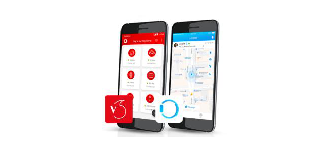 Um smartphone com a app Vodafone Smart e um outro smartphone com a app TCLMOVE para controlo do V-Kids Watch