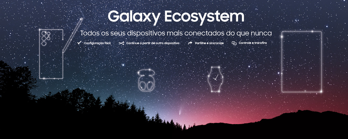 Imagem de um céu estrelado com a imagem dos equipamentos Galaxy nas estrelas
