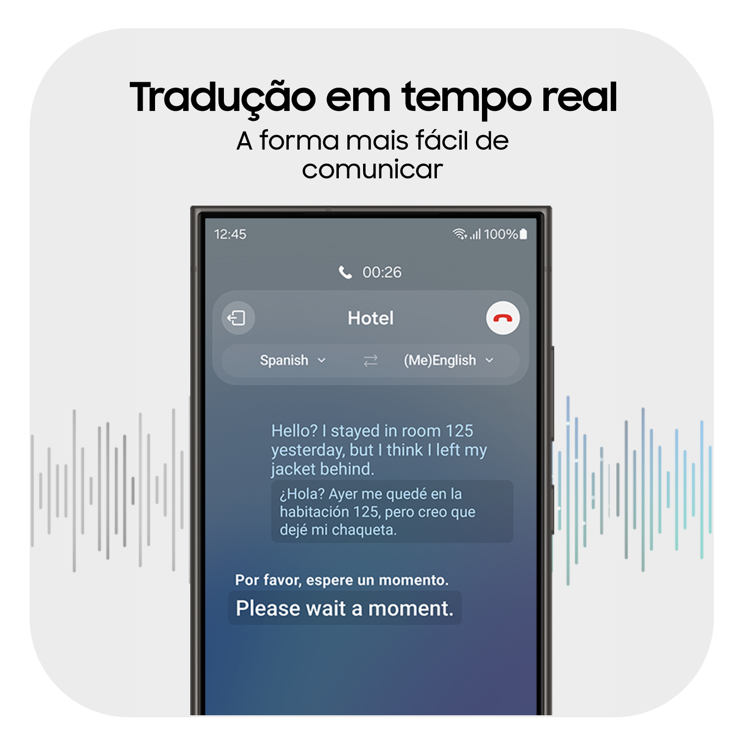 Imagem de um Galaxy S24 Ultra com o interface da funcionalidade Tradução em tempo real