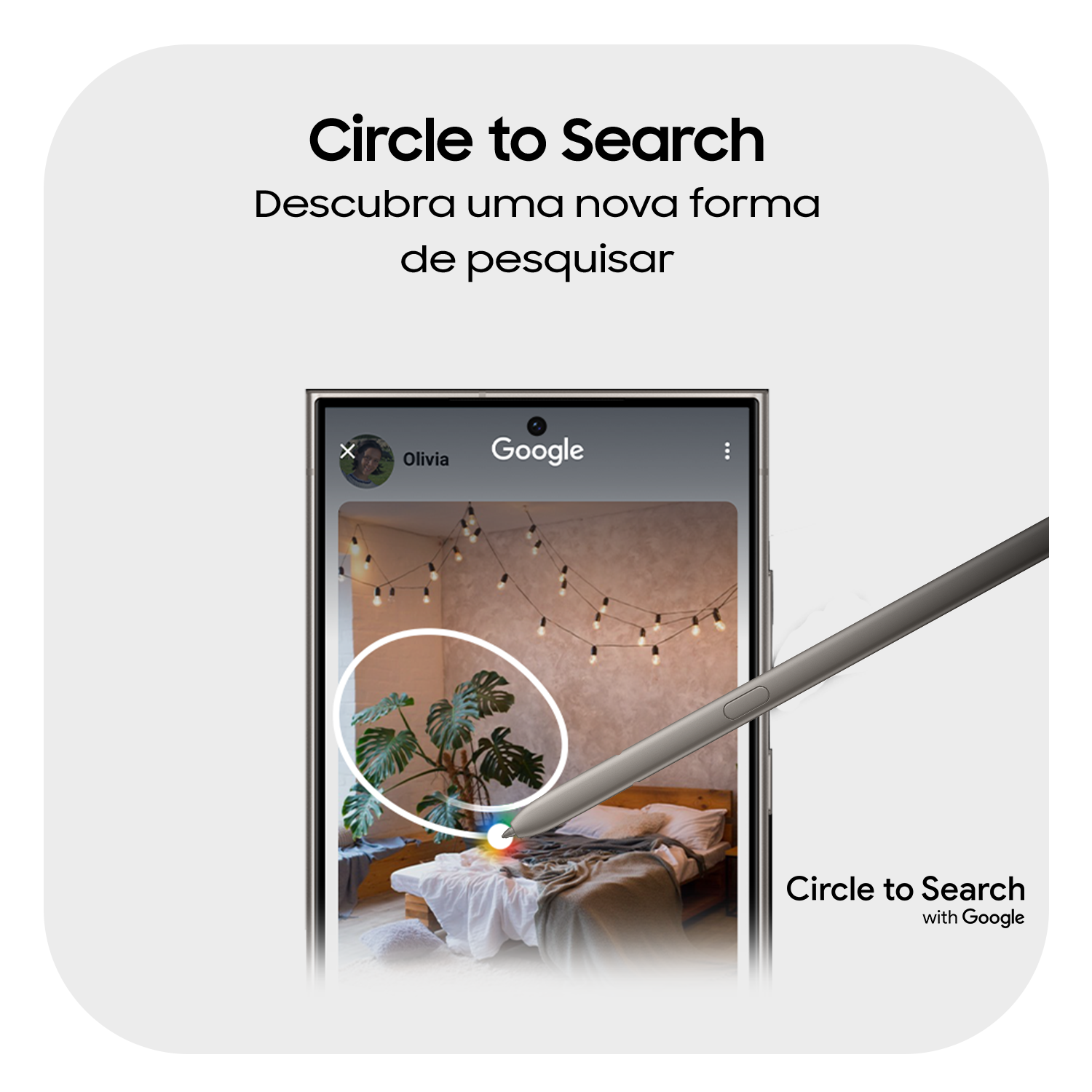 Imagem de um Galaxy S24 Ultra com o interface da funcionalidade Circle to Search