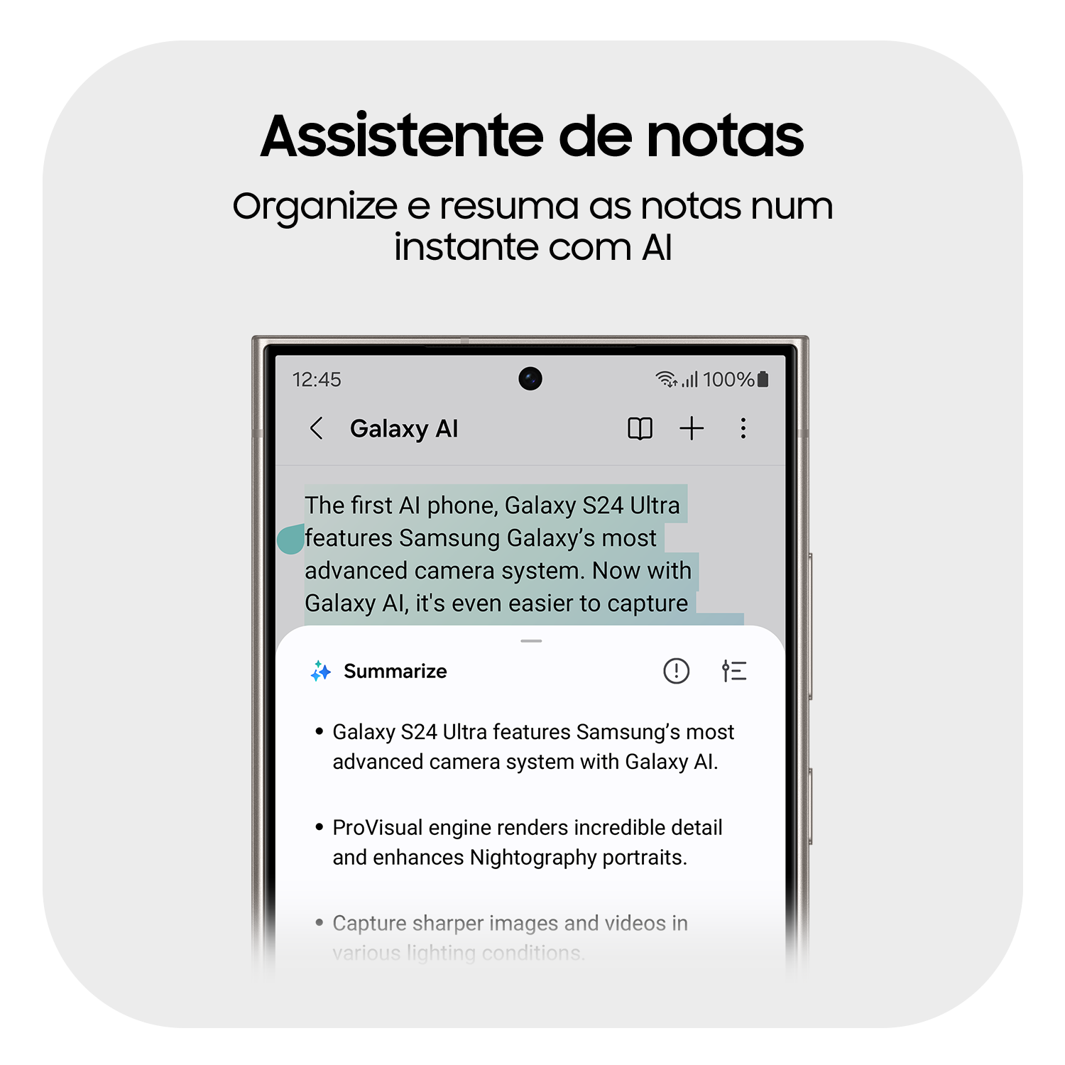 Imagem de um Galaxy S24 Ultra com o interface da funcionalidade Tradução em tempo real