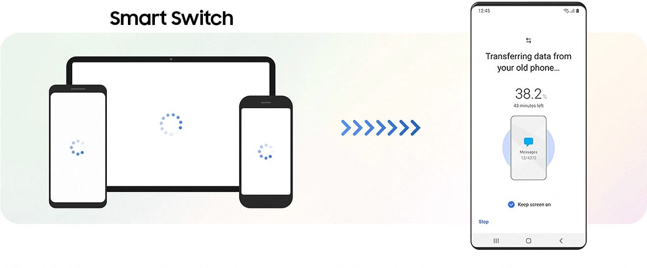 Imagem de um tablet e dois telemóveis a fazer a transferência de informação do equipamento antigo para o novo