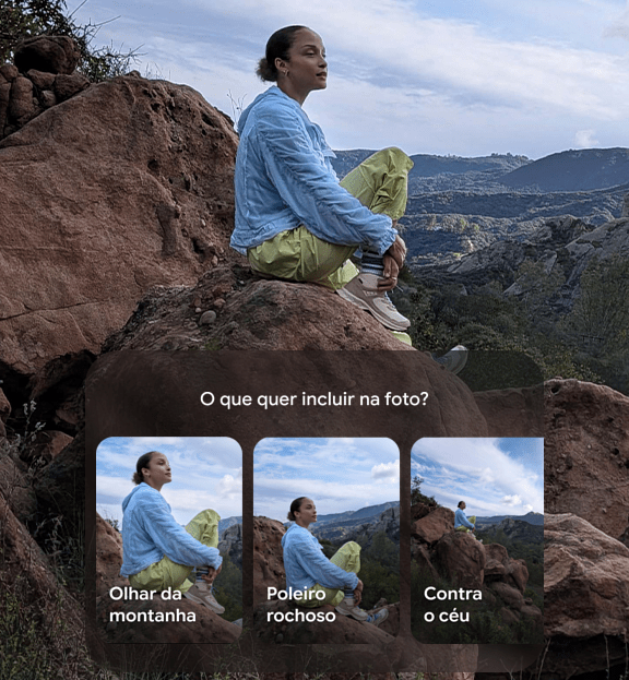 Imagem de estilo de vida de uma mulher sentada numa encosta de montanha, com sobreposição do ecrã do Assistente de câmara.