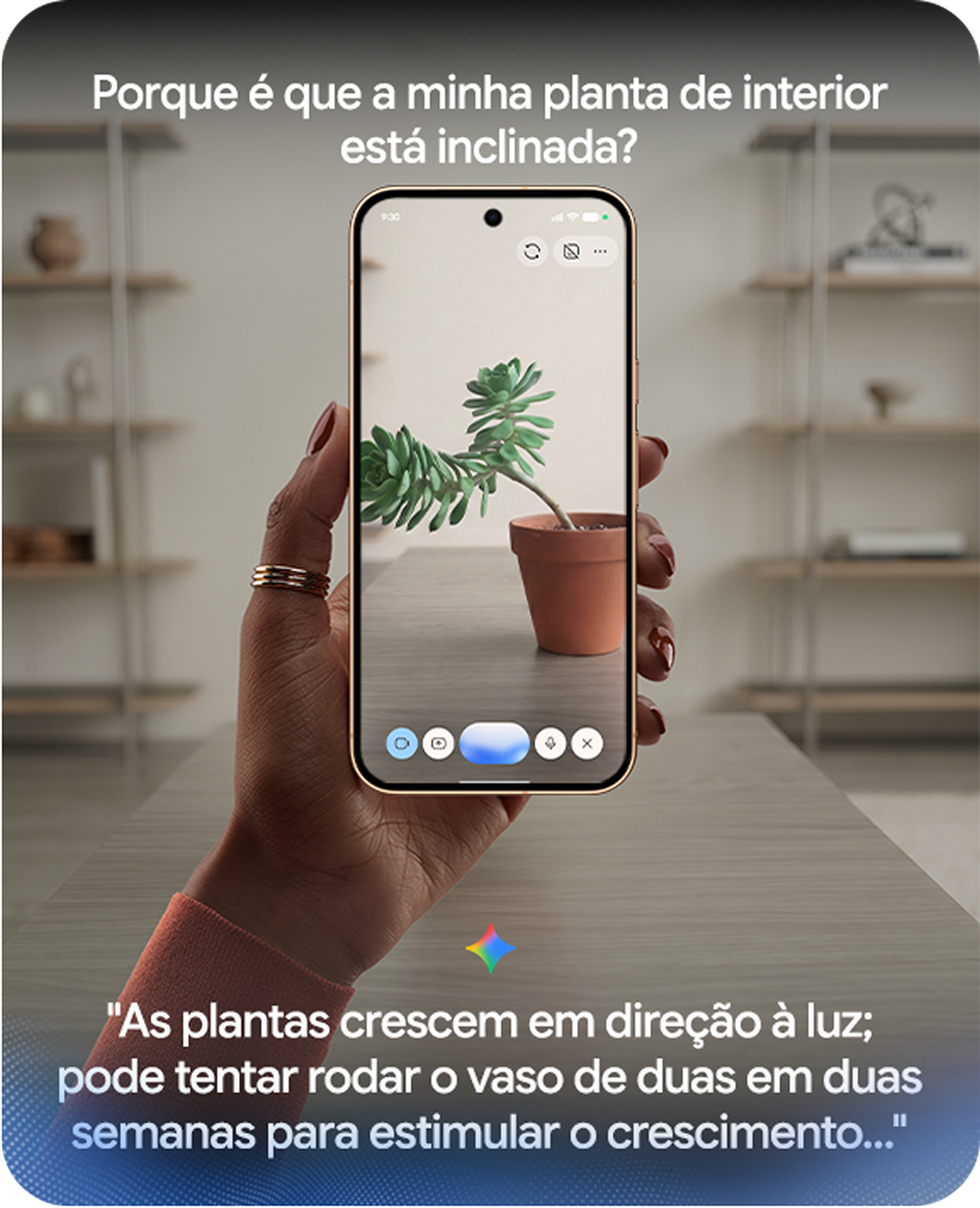 Imagem de uma mão a segurar um Google Pixel 11 Pro com uma planta de interior apresentada no ecrã.