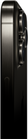 Vista lateral do iPhone 15 Pro Max com design em titânio a mostrar o botão de alimentação