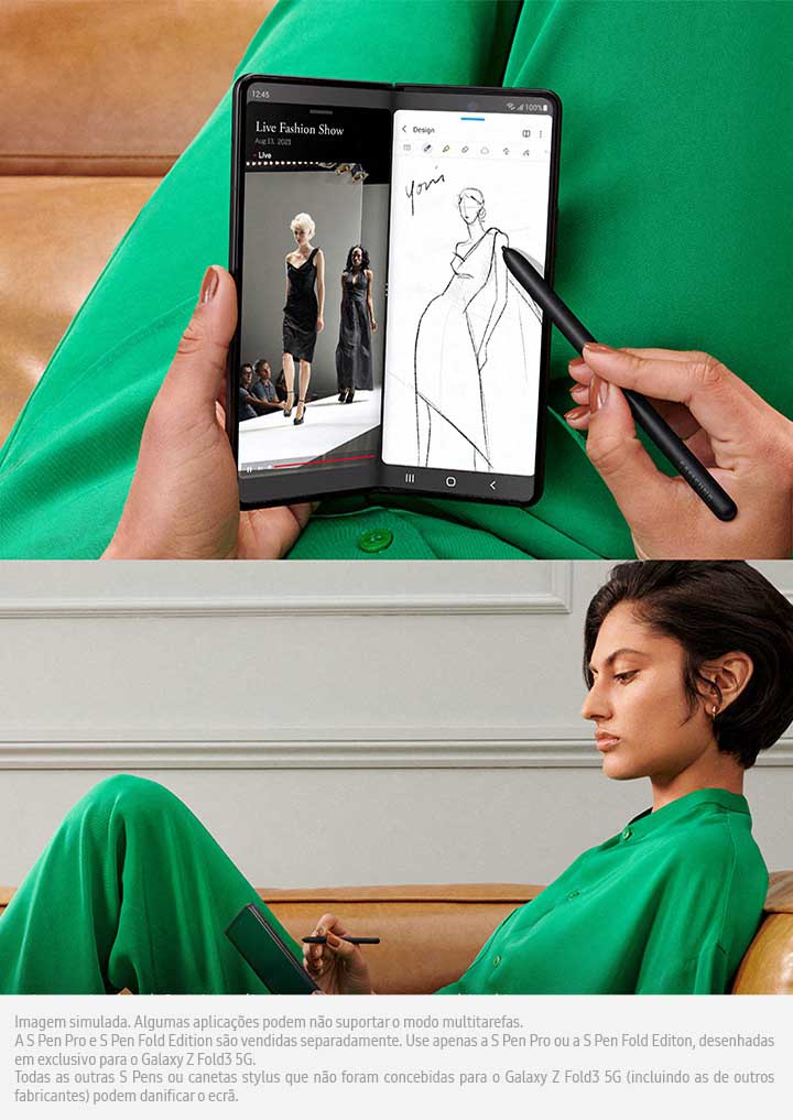 Samsung Galaxy Z Fold 3 5G com o ecrã da esquerda a mostrar uma imagem de um desfile e o ecrã da direita a ser utilizado para fazer um desenho, segurado por uma rapariga de vestido verde que utiliza uma S Pen preta