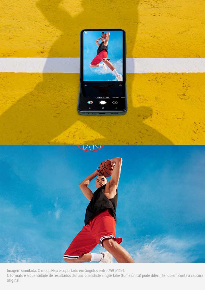 Samsung Galaxy Z Flip 3 5G pousado num chão amarelo com o ecrã no modo Flex a tirar uma fotografia em formato selfie a um rapaz que joga basquetebol