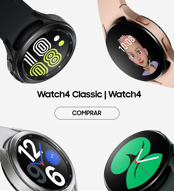 Galaxy Watch 4 nas versões prateado, preto e rosa com vários mostradores, bracelete híbrida camel, bracelete híbrida branca e carregador sem fios Duplo preto de oferta sobre um fundo branco com selo branco do pack de oferta no valor de €109,8