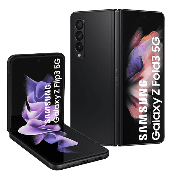 Samsung Galaxy Z Flip3 5G preto e Samsung Galaxy Z Fold3 5G preto sobre um fundo cinza