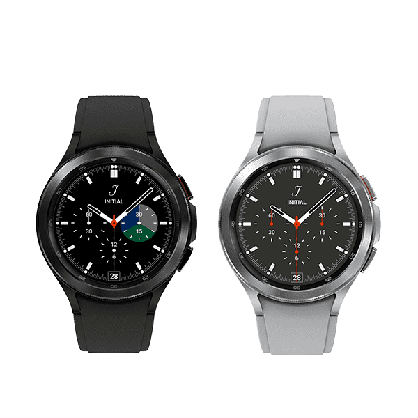 Galaxy Watch4 Classic em preto e Galaxy Watch4 Classic em prateado sobre um fundo cinza