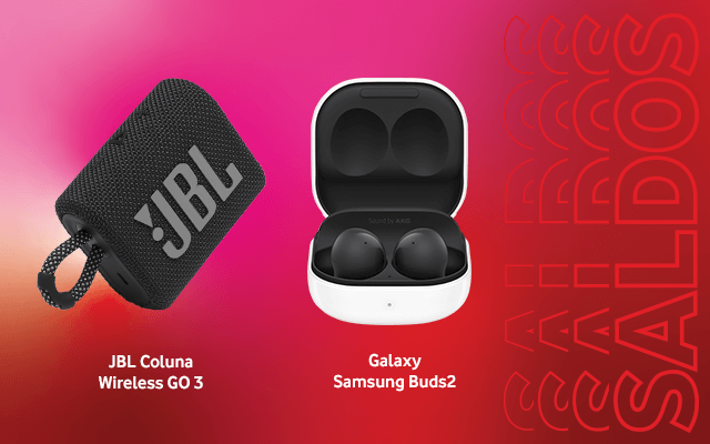 Equipamentos JBL coluna Wireless GO 3 e Samsung Buds2 sobre fundo vermelho e título de Saldos