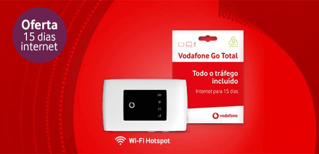 Hotspot Vodafone com oferta de cartão de dados para 15 dias, sob fundo vermelho.