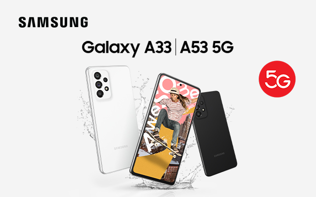 Novos Galaxy A53 e A33 sob fundo cinzento