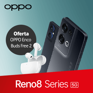Equipamentos Oppo Reno8 series e Oppo Enco Free2 com selo de oferta dos Enco Free2, tudo sob fundo azul e vermelho.