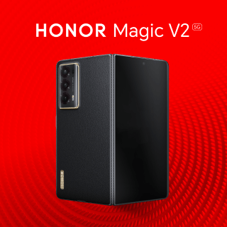 Imagem do novo Honor Magic V2 na cor preta sobre um fundo vermelho