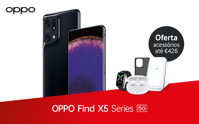 Equipamento Oppo Find X5 com label de oferta de acessórios sob fundo branco e vermelho.