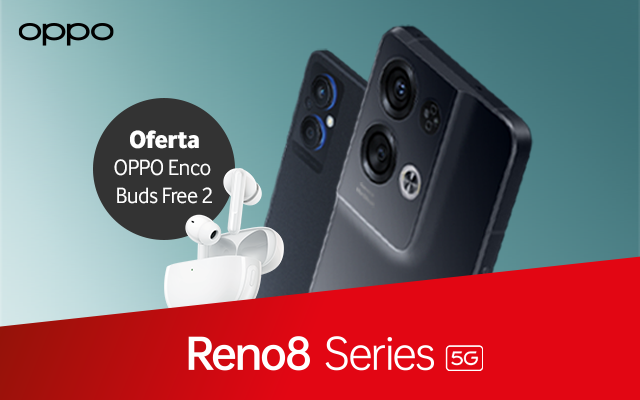 Equipamentos Oppo Reno8 series e Oppo Enco Free2 com selo de oferta dos Enco Free2, tudo sob fundo azul e vermelho.