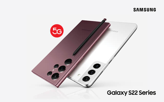 Fundo branco com os Samsung S22 em branco e bordeaux